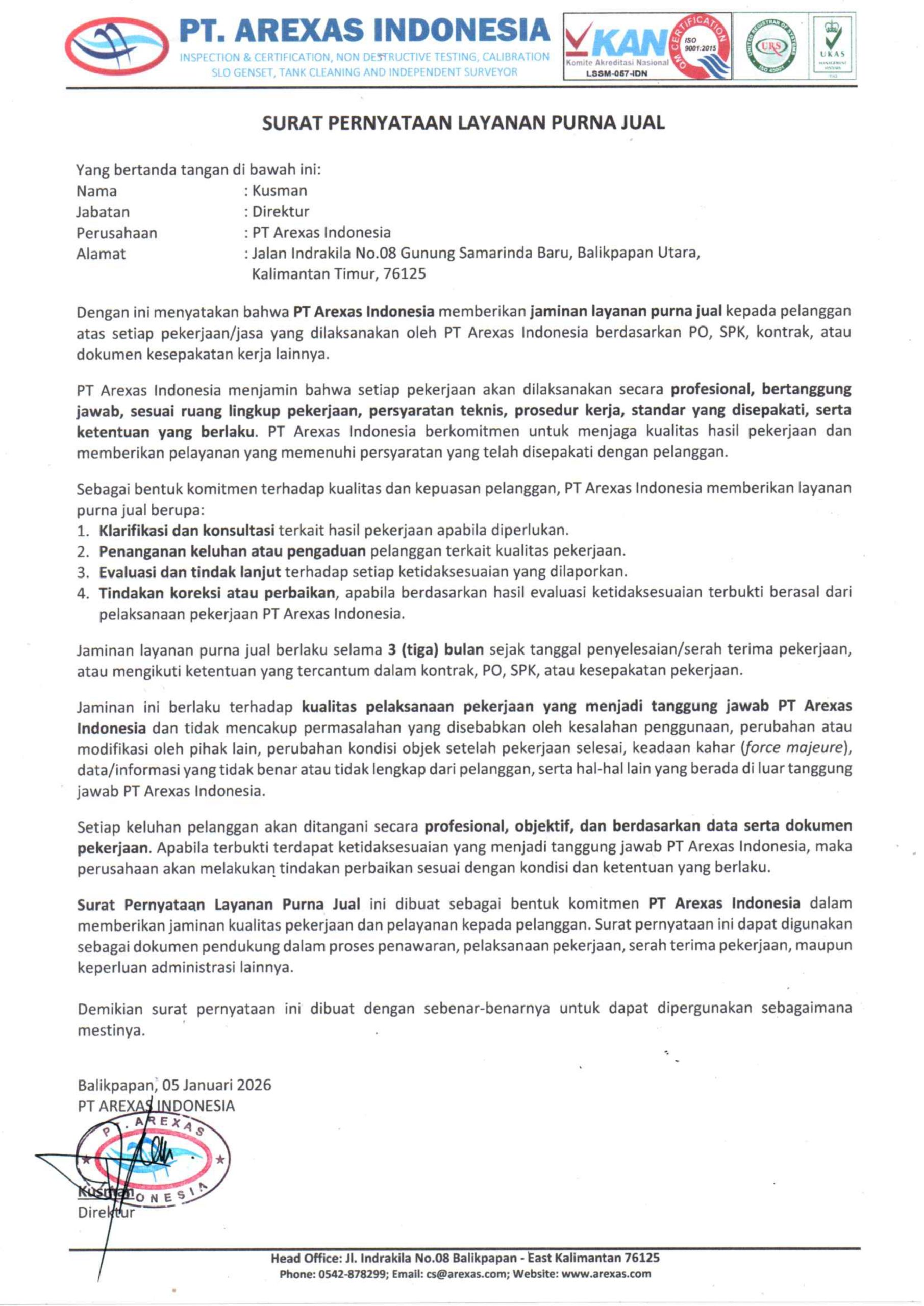 Surat Pernyataan Layanan Purna Jual PT Arexas Indonesia
